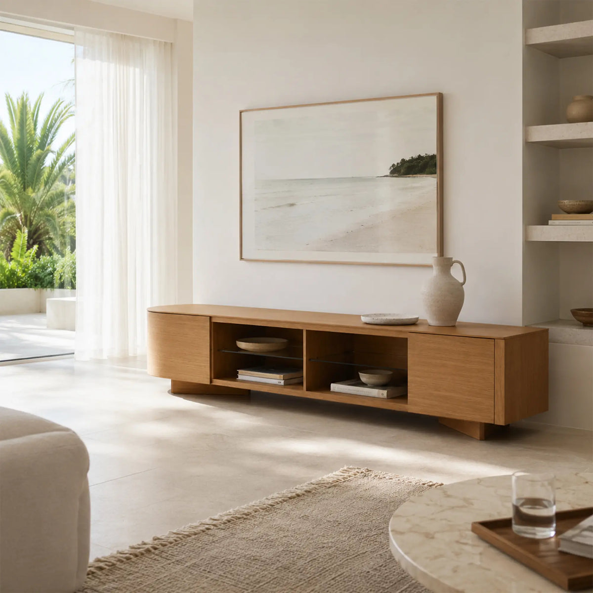 LUXORA Modern Curved TV Cabinet - 120/160cm Wood-Look Entertainment Unit with Rounded Edges, Open Shelves & Drawers - Natural Oak