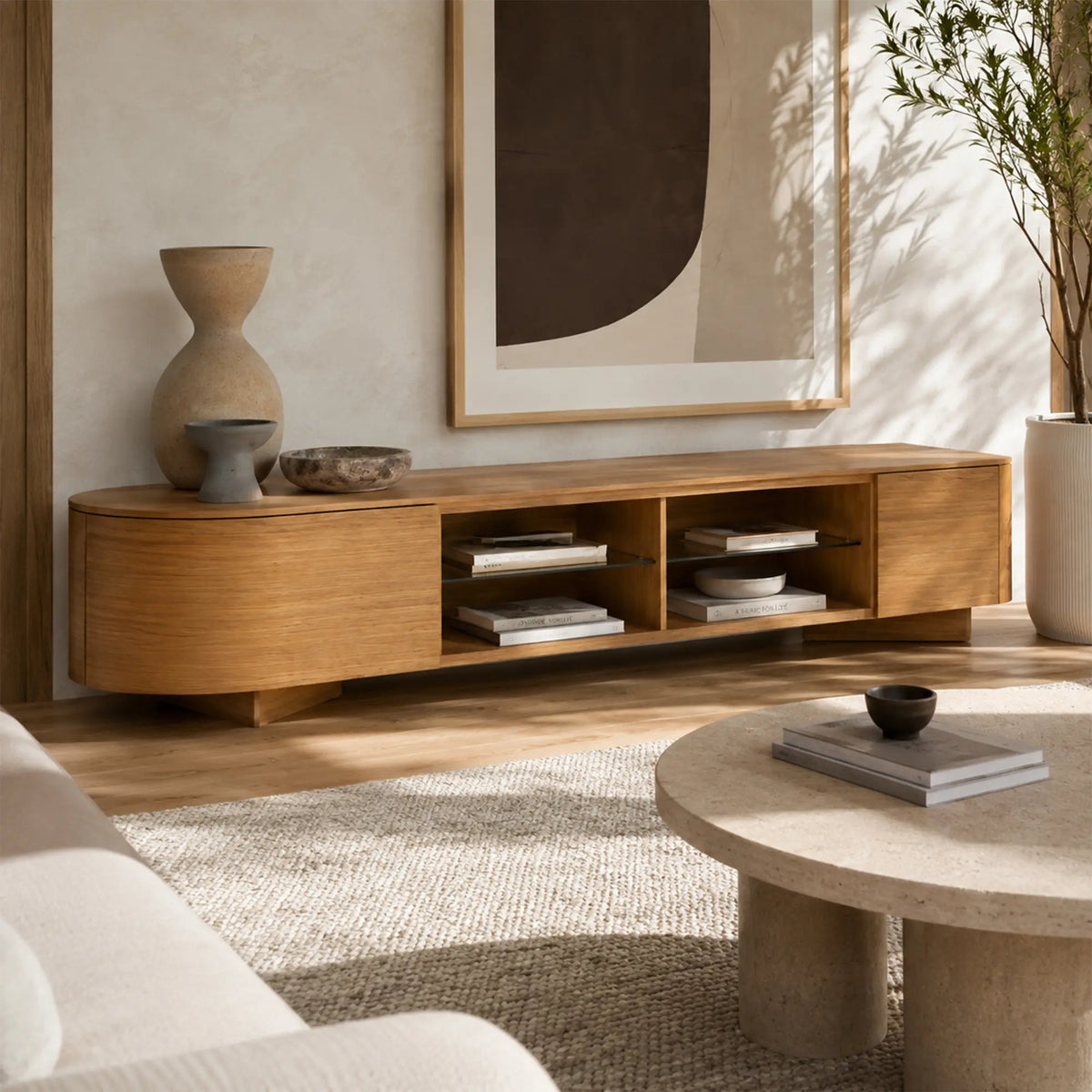 LUXORA Modern Curved TV Cabinet - 120/160cm Wood-Look Entertainment Unit with Rounded Edges, Open Shelves & Drawers - Natural Oak