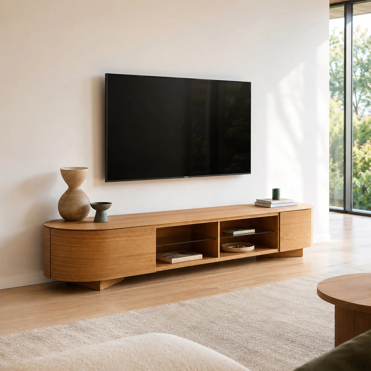 LUXORA Modern Curved TV Cabinet - 120/160cm Wood-Look Entertainment Unit with Rounded Edges, Open Shelves & Drawers - Natural Oak
