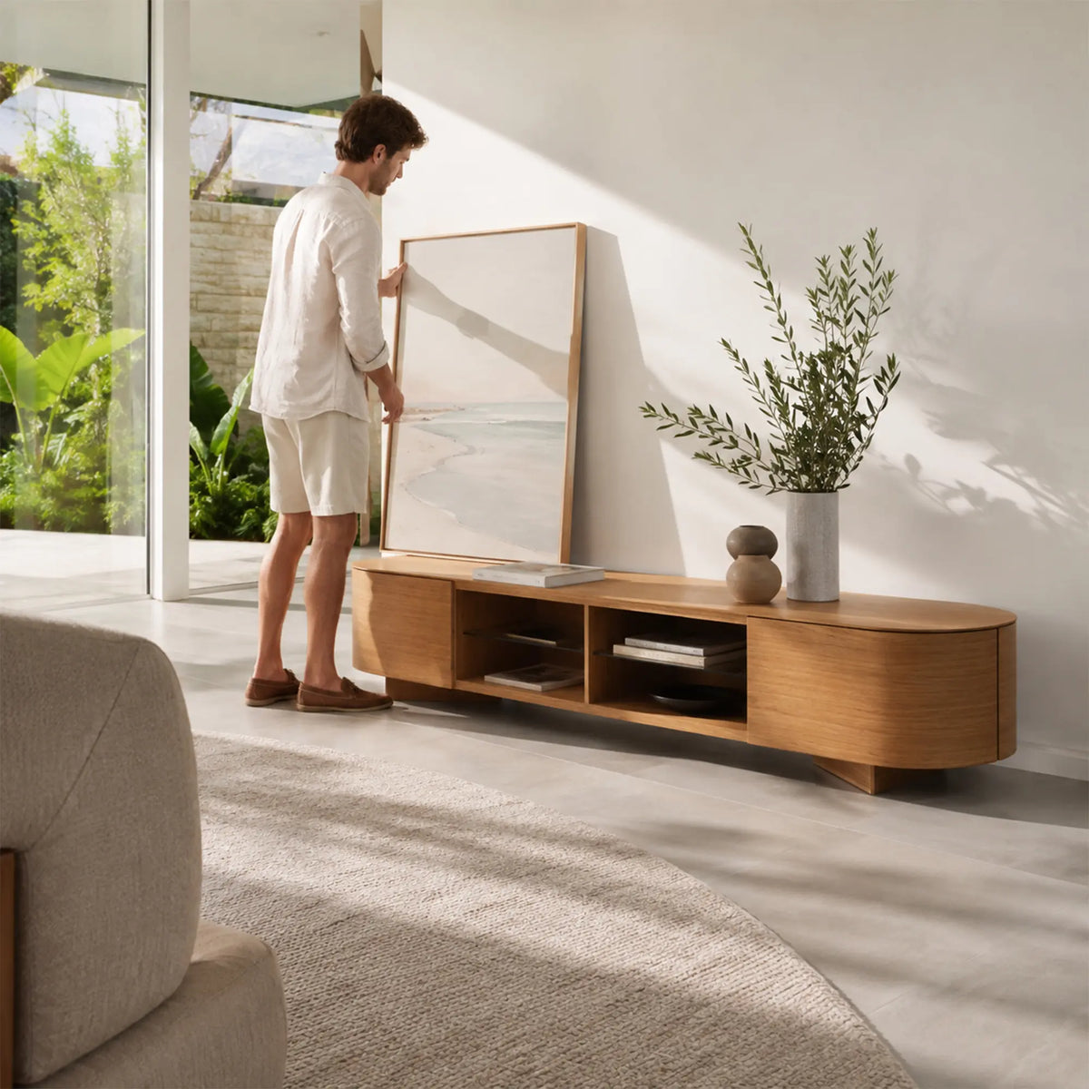 LUXORA Modern Curved TV Cabinet - 120/160cm Wood-Look Entertainment Unit with Rounded Edges, Open Shelves & Drawers - Natural Oak