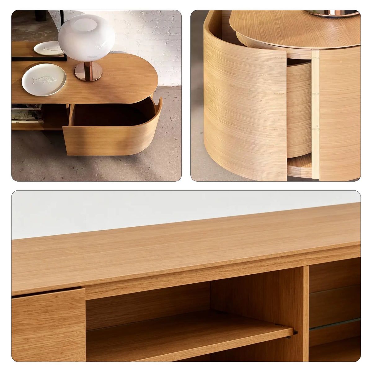LUXORA Modern Curved TV Cabinet - 120/160cm Wood-Look Entertainment Unit with Rounded Edges, Open Shelves & Drawers - Natural Oak