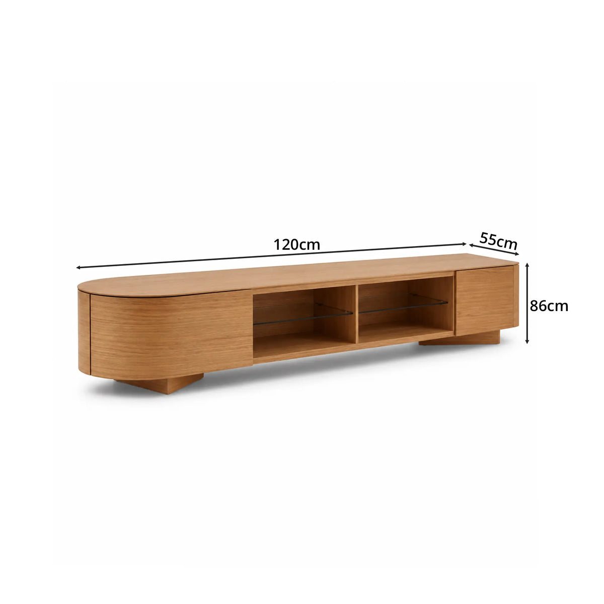 LUXORA Modern Curved TV Cabinet - 120/160cm Wood-Look Entertainment Unit with Rounded Edges, Open Shelves & Drawers - Natural Oak