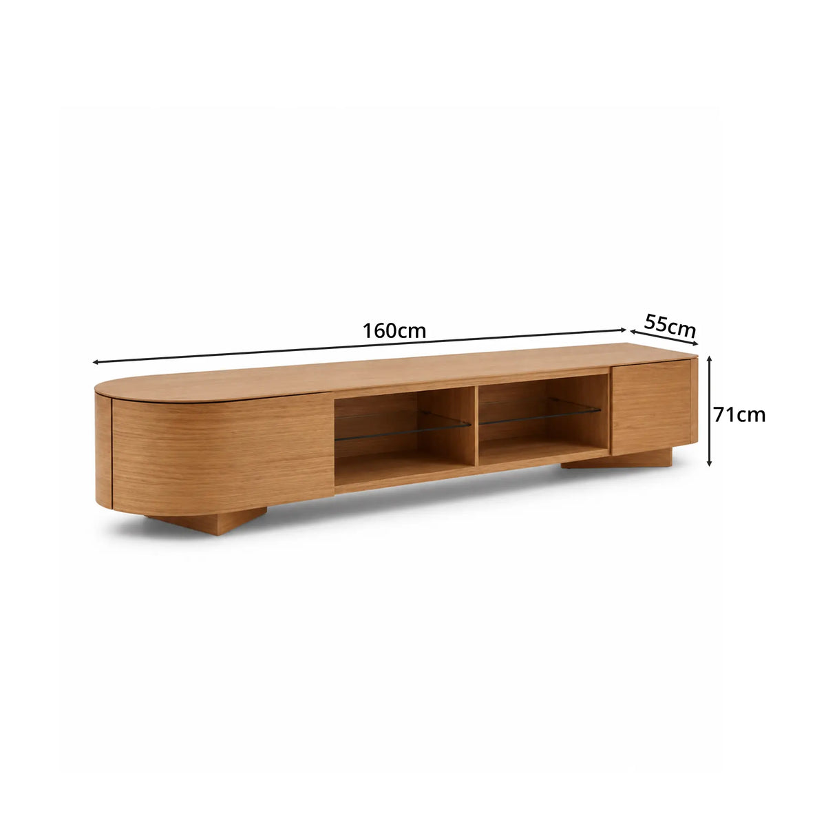 LUXORA Modern Curved TV Cabinet - 120/160cm Wood-Look Entertainment Unit with Rounded Edges, Open Shelves & Drawers - Natural Oak