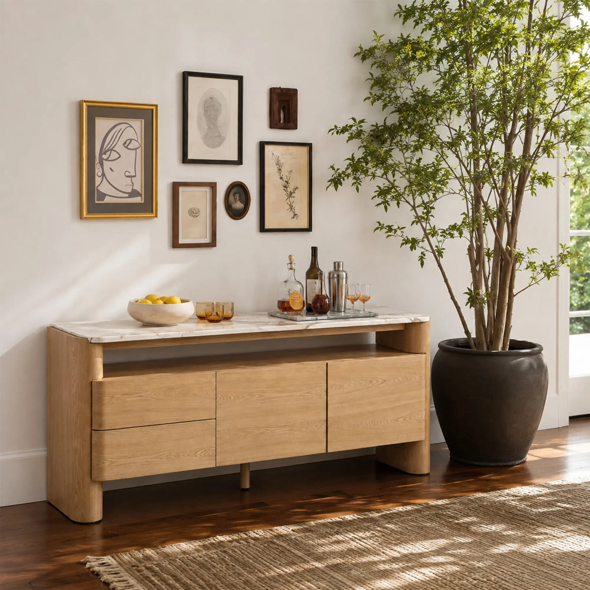 LUXORA Modern Wood-Look Sideboard Cabinet - 160/180cm Storage Buffet with Open Shelf, Concealed Cabinets & Rounded Legs - Natural Oak