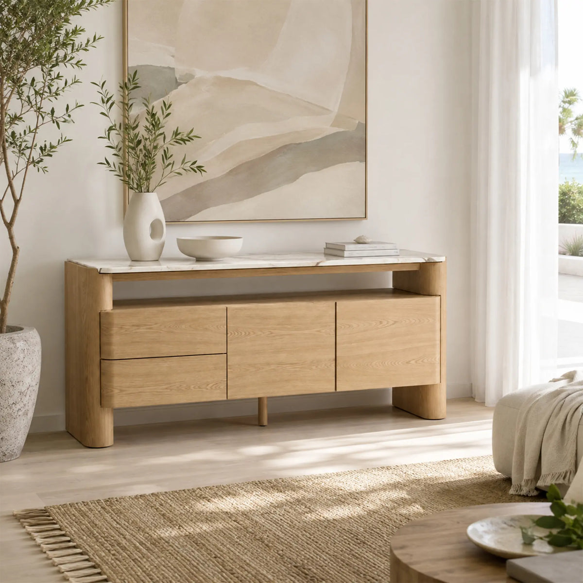 LUXORA Modern Wood-Look Sideboard Cabinet - 160/180cm Storage Buffet with Open Shelf, Concealed Cabinets & Rounded Legs - Natural Oak