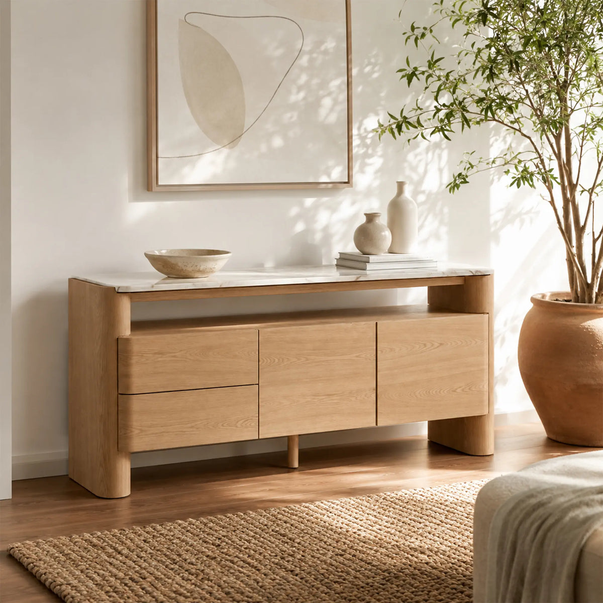 LUXORA Modern Wood-Look Sideboard Cabinet - 160/180cm Storage Buffet with Open Shelf, Concealed Cabinets & Rounded Legs - Natural Oak