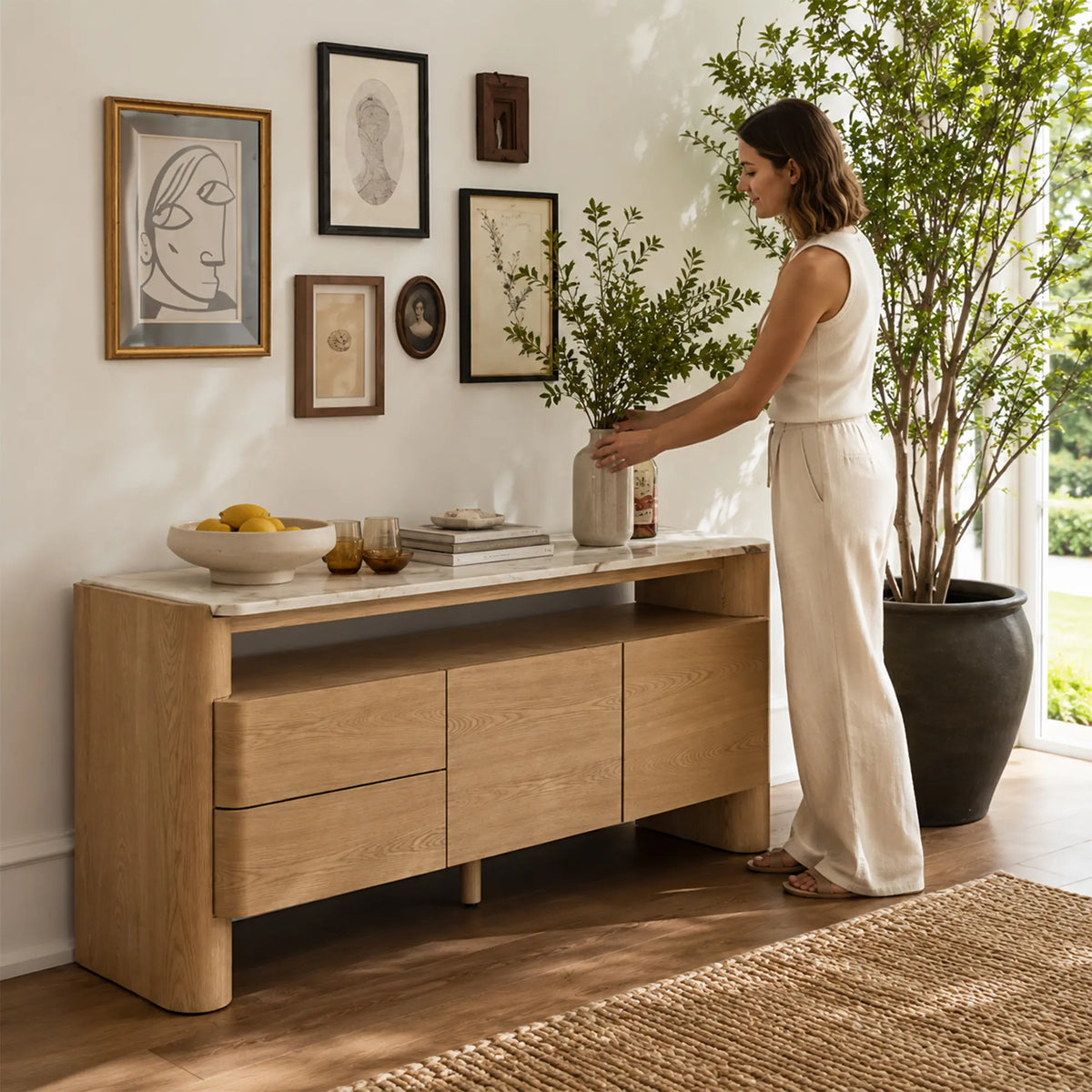 LUXORA Modern Wood-Look Sideboard Cabinet - 160/180cm Storage Buffet with Open Shelf, Concealed Cabinets & Rounded Legs - Natural Oak