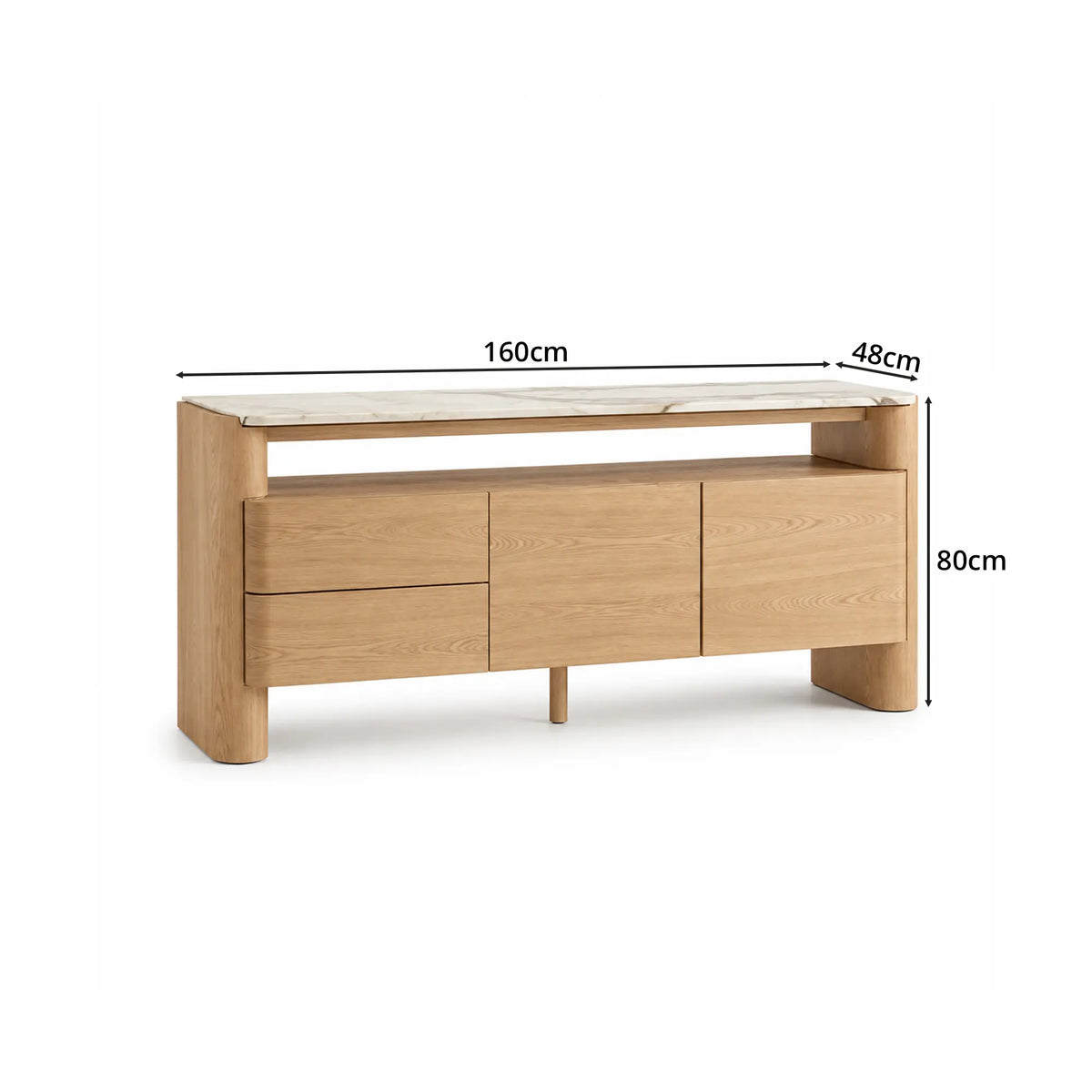 LUXORA Modern Wood-Look Sideboard Cabinet - 160/180cm Storage Buffet with Open Shelf, Concealed Cabinets & Rounded Legs - Natural Oak