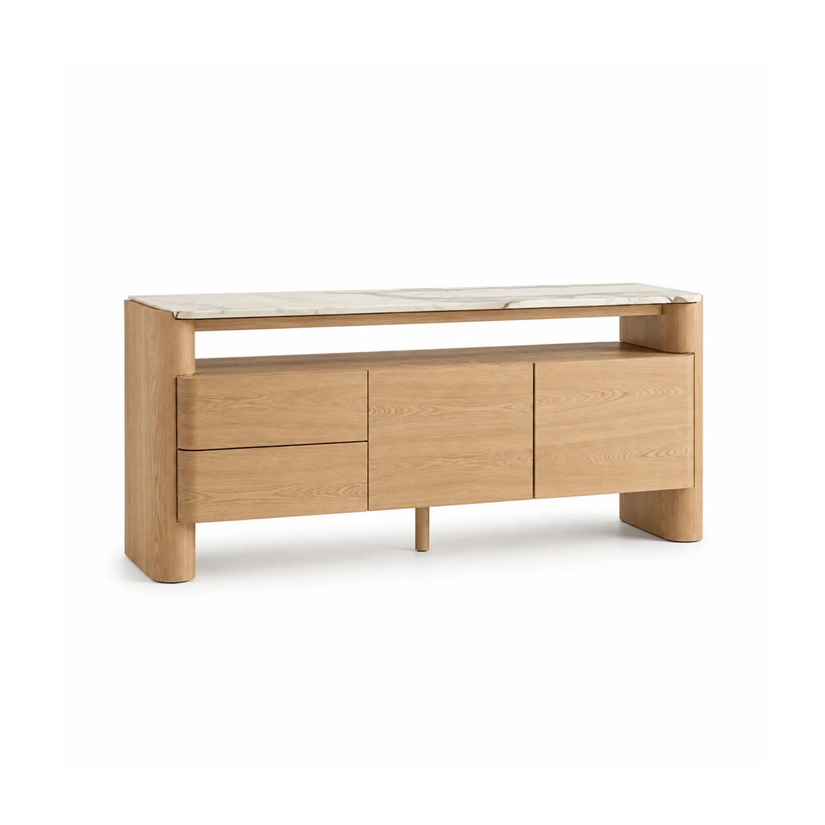 LUXORA Modern Wood-Look Sideboard Cabinet - 160/180cm Storage Buffet with Open Shelf, Concealed Cabinets & Rounded Legs - Natural Oak