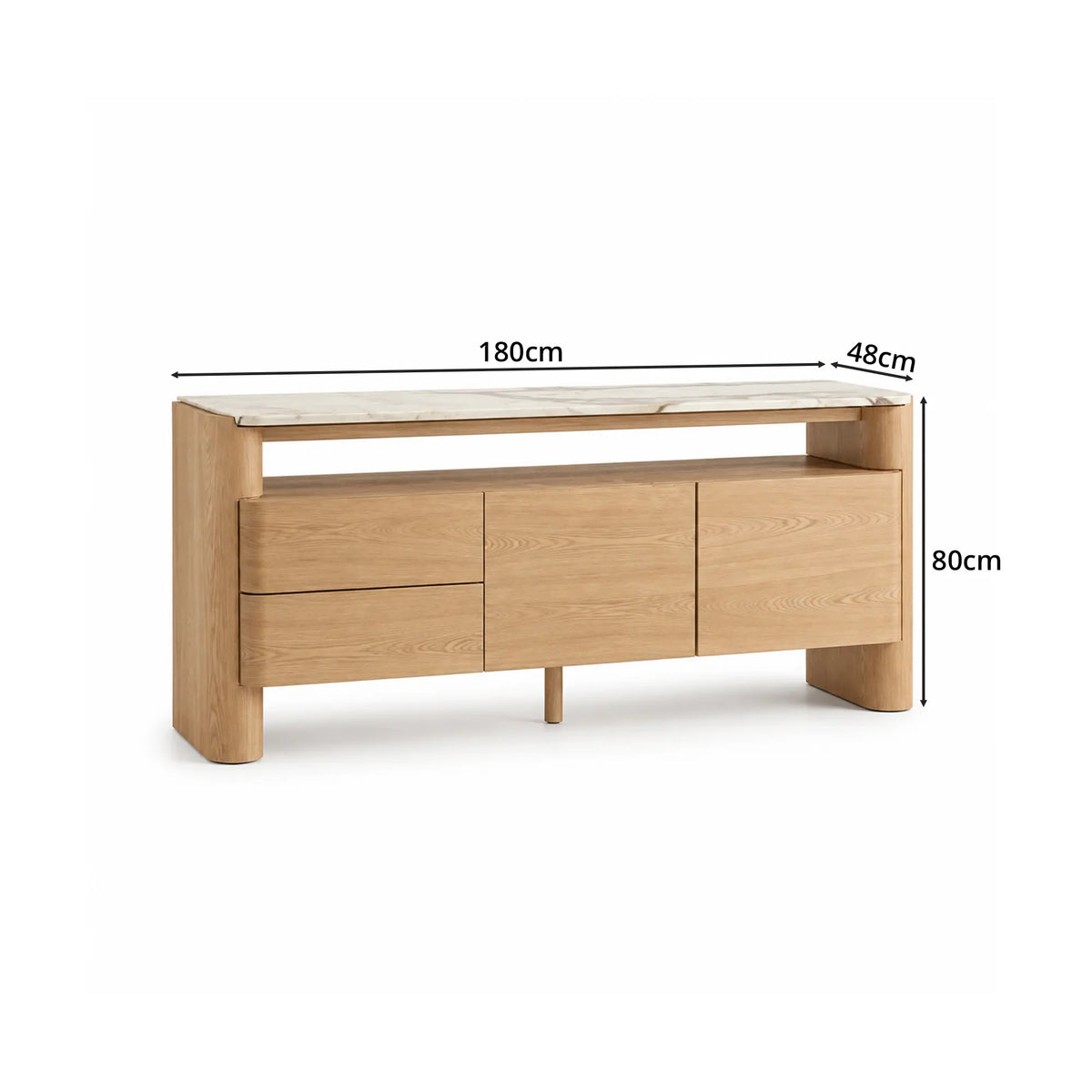 LUXORA Modern Wood-Look Sideboard Cabinet - 160/180cm Storage Buffet with Open Shelf, Concealed Cabinets & Rounded Legs - Natural Oak