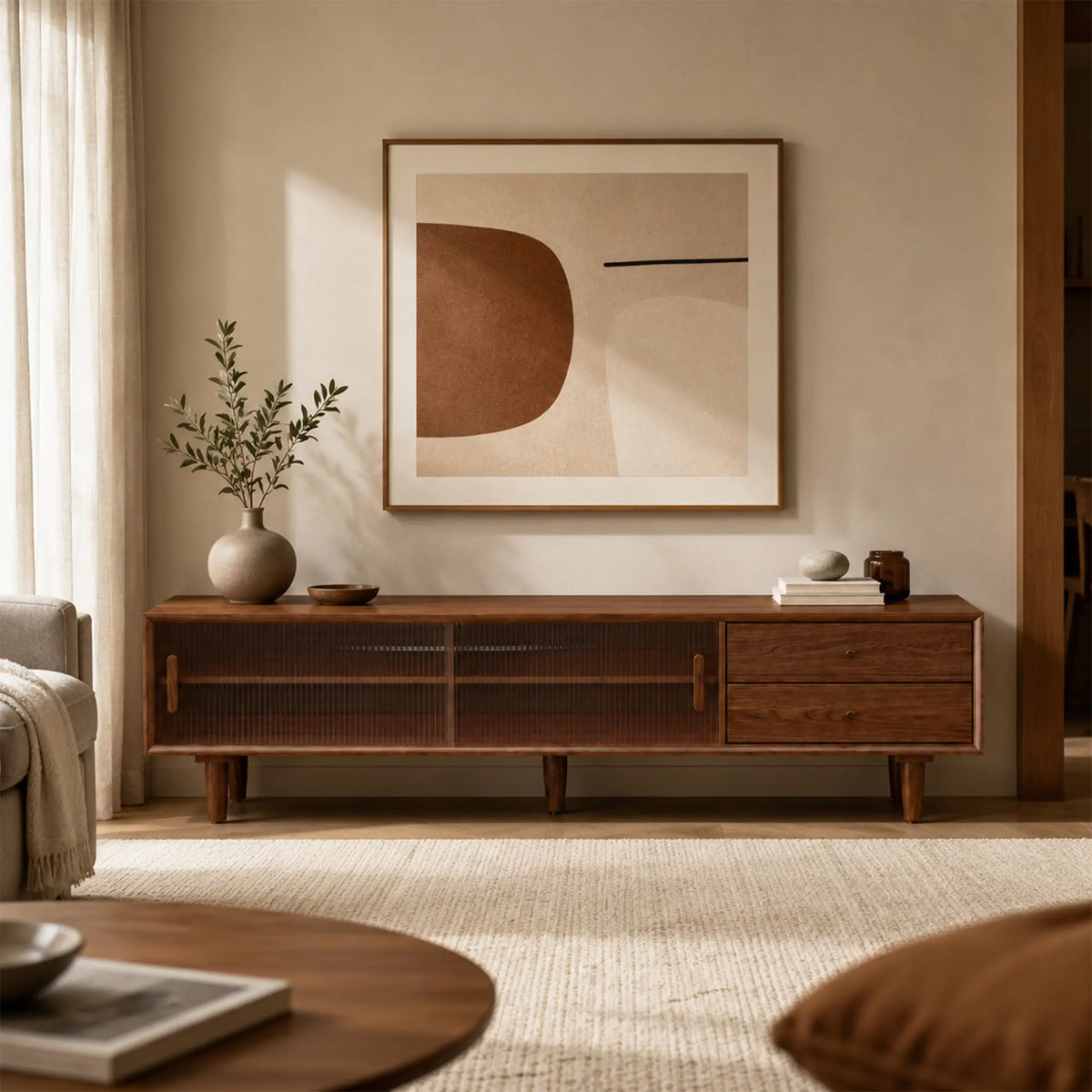 LUXORA Solid Rubberwood TV Cabinet - 180/200cm Entertainment Unit with Fluted Glass Doors, Drawers & Removable Back Panel - Walnut