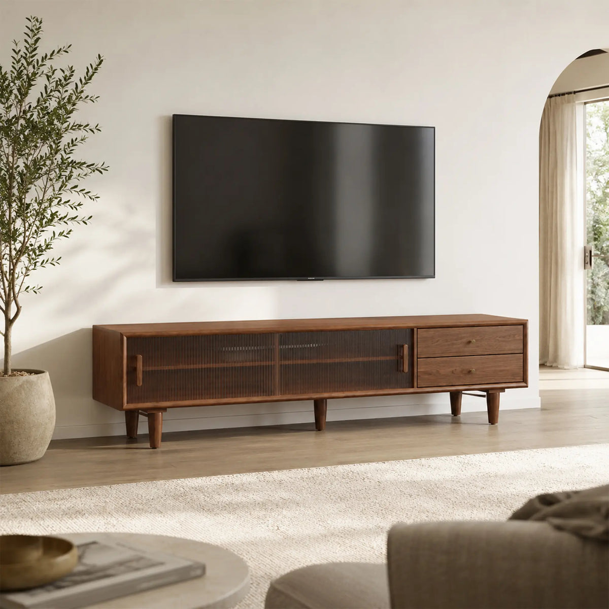 LUXORA Solid Rubberwood TV Cabinet - 180/200cm Entertainment Unit with Fluted Glass Doors, Drawers & Removable Back Panel - Walnut
