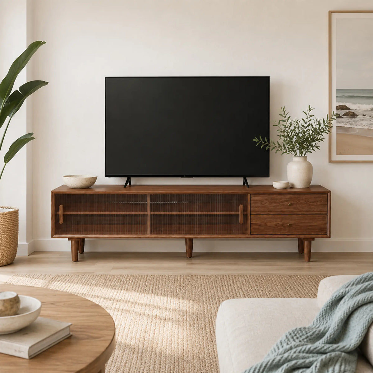LUXORA Solid Rubberwood TV Cabinet - 180/200cm Entertainment Unit with Fluted Glass Doors, Drawers & Removable Back Panel - Walnut