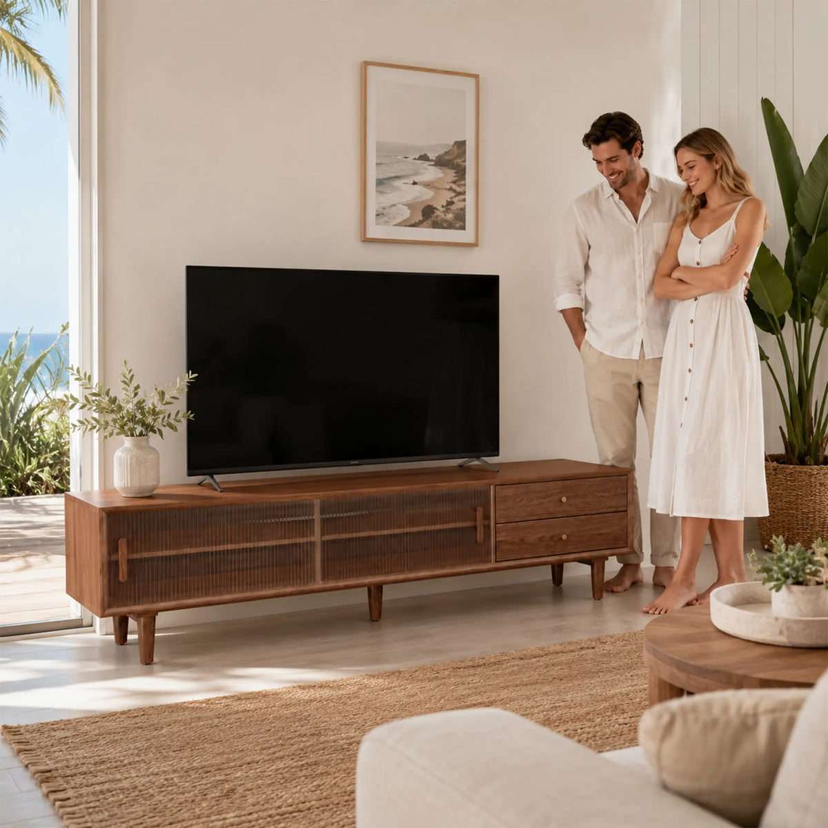 LUXORA Solid Rubberwood TV Cabinet - 180/200cm Entertainment Unit with Fluted Glass Doors, Drawers & Removable Back Panel - Walnut