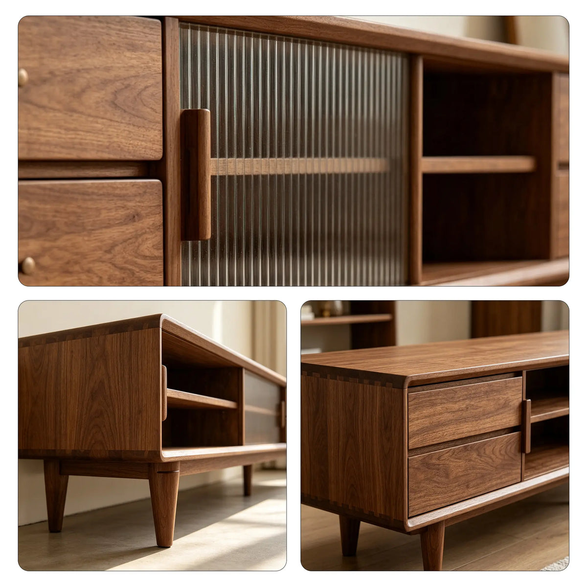 LUXORA Solid Rubberwood TV Cabinet - 180/200cm Entertainment Unit with Fluted Glass Doors, Drawers & Removable Back Panel - Walnut