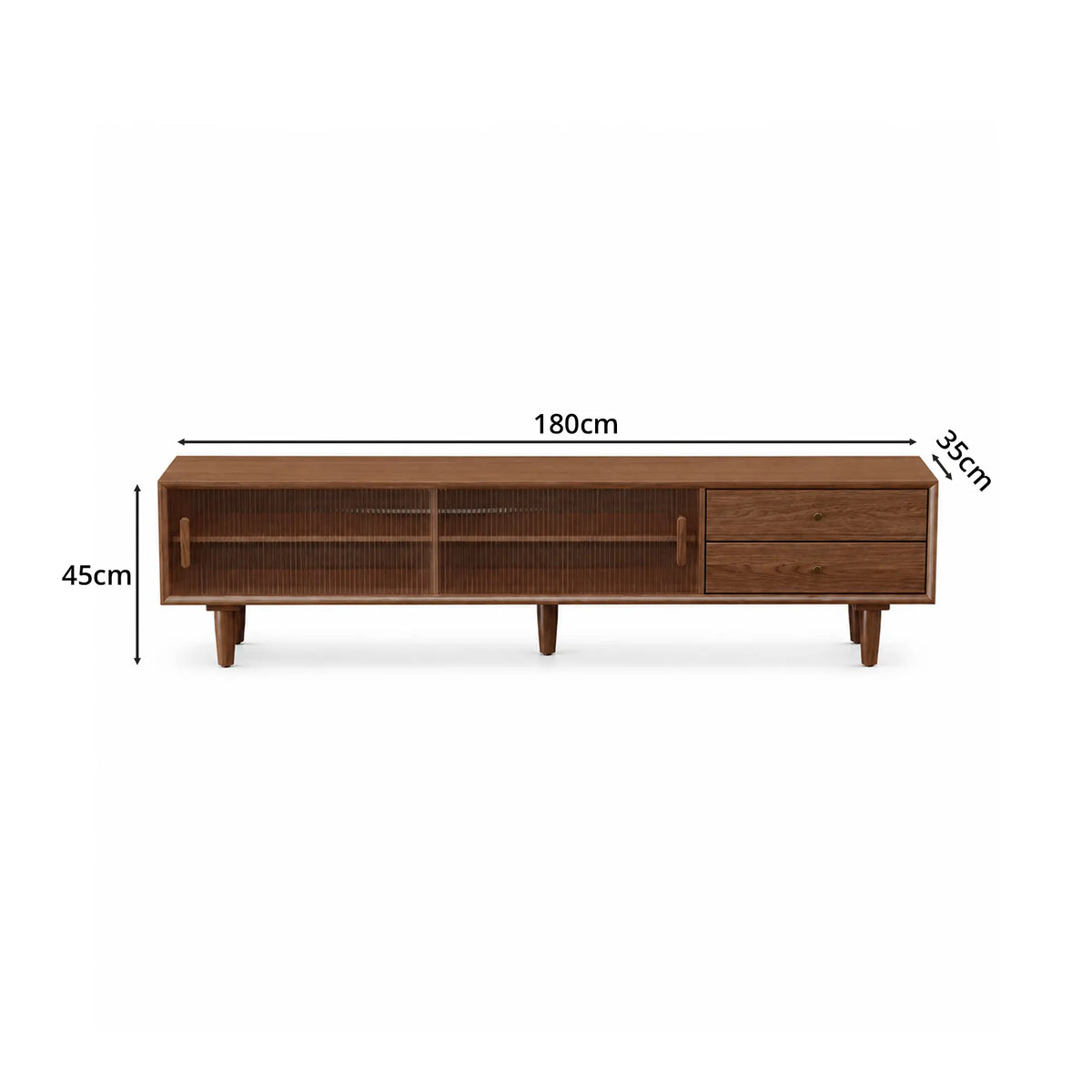 LUXORA Solid Rubberwood TV Cabinet - 180/200cm Entertainment Unit with Fluted Glass Doors, Drawers & Removable Back Panel - Walnut