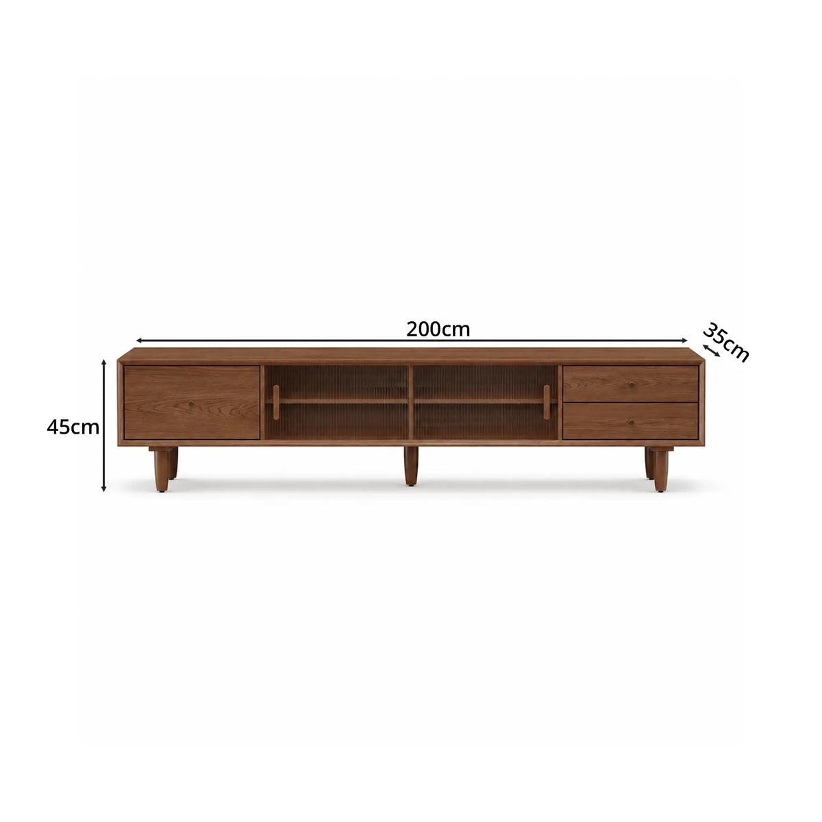 LUXORA Solid Rubberwood TV Cabinet - 180/200cm Entertainment Unit with Fluted Glass Doors, Drawers & Removable Back Panel - Walnut