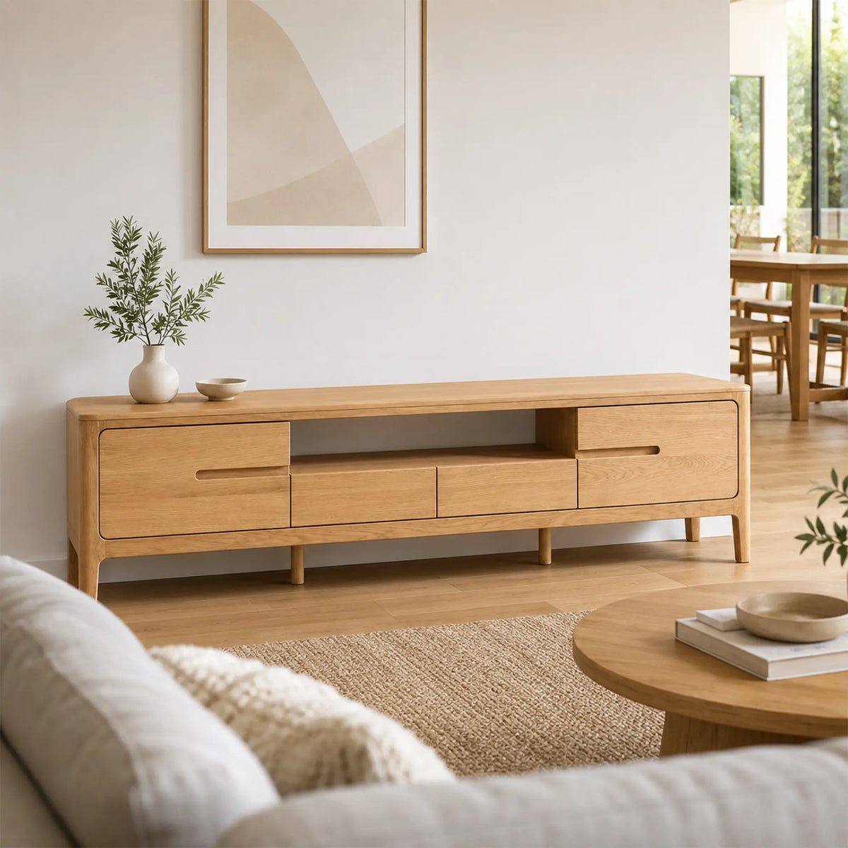 LUXORA Solid Oak TV Cabinet - 180/200cm Modern Entertainment Unit with Open Shelf, Drawers & Concealed Handles for Living Room - Light Walnut