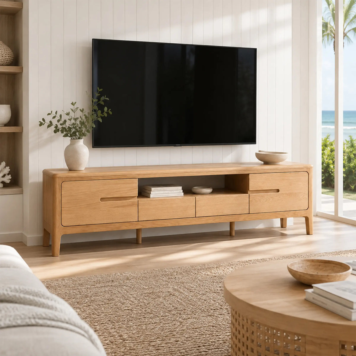 LUXORA Solid Oak TV Cabinet - 180/200cm Modern Entertainment Unit with Open Shelf, Drawers & Concealed Handles for Living Room - Light Walnut