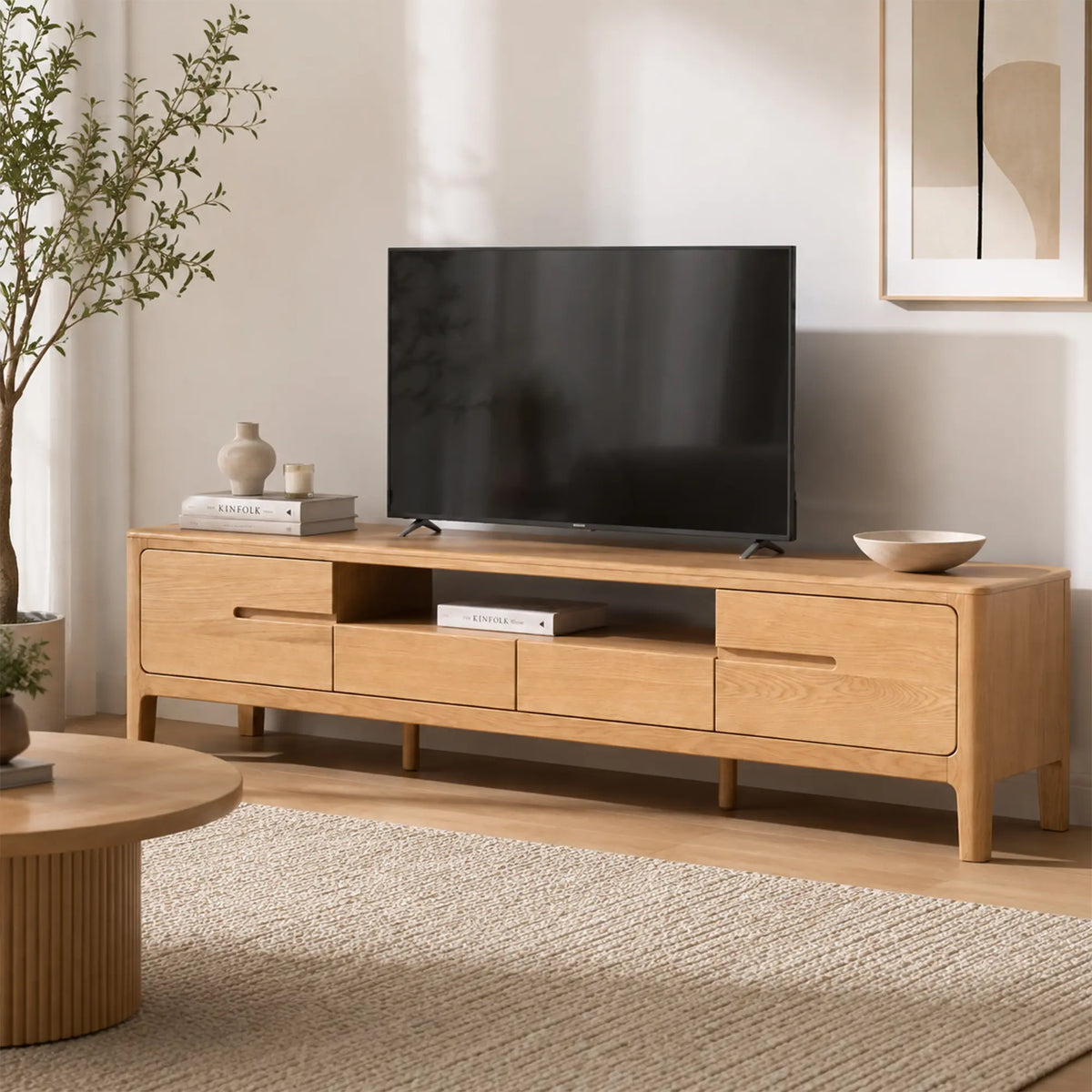 LUXORA Solid Oak TV Cabinet - 180/200cm Modern Entertainment Unit with Open Shelf, Drawers & Concealed Handles for Living Room - Light Walnut