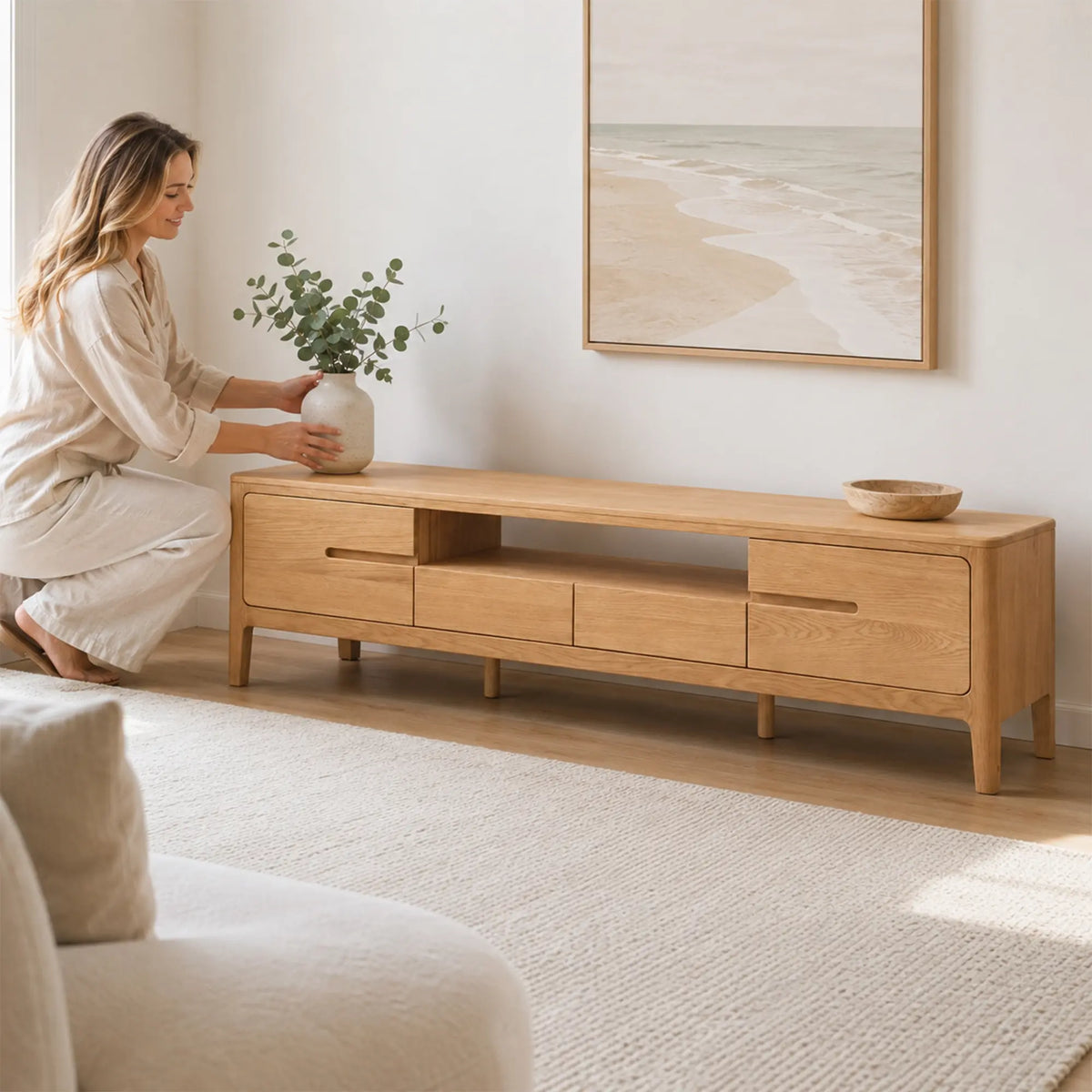 LUXORA Solid Oak TV Cabinet - 180/200cm Modern Entertainment Unit with Open Shelf, Drawers & Concealed Handles for Living Room - Light Walnut