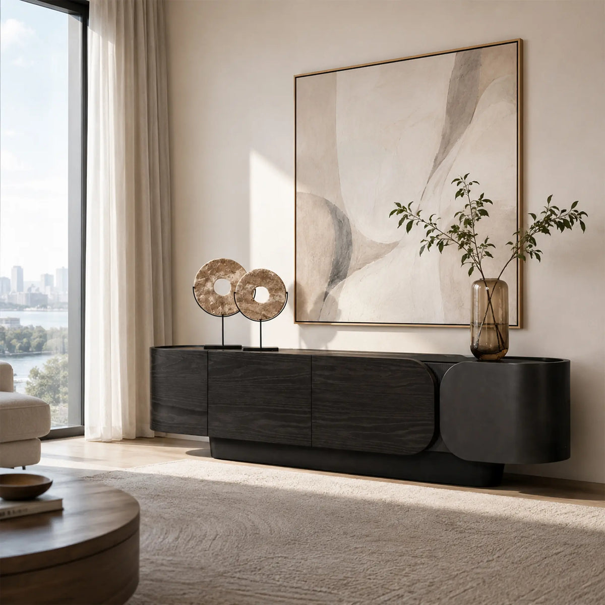 LUXORA Modern Asymmetrical TV Cabinet - 200/220cm Low-Profile Entertainment Unit with Curved Design & Concealed Storage - Dark Walnut