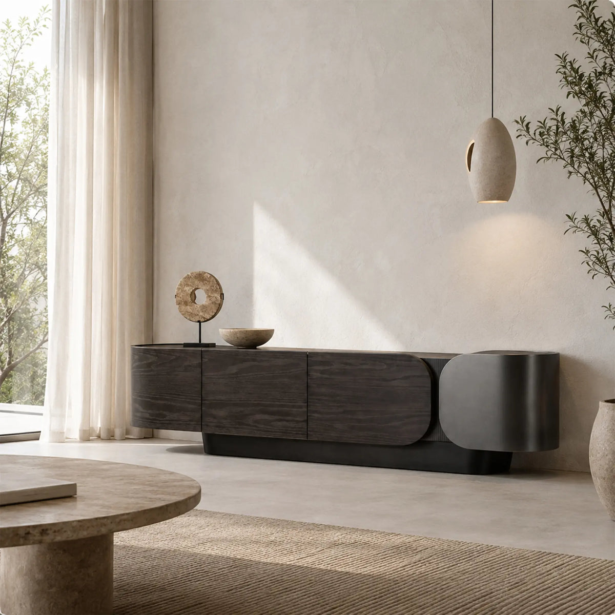 LUXORA Modern Asymmetrical TV Cabinet - 200/220cm Low-Profile Entertainment Unit with Curved Design & Concealed Storage - Dark Walnut