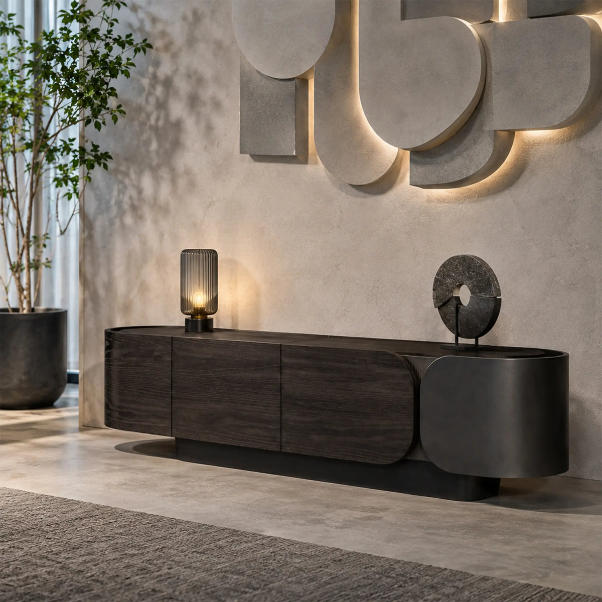 LUXORA Modern Asymmetrical TV Cabinet - 200/220cm Low-Profile Entertainment Unit with Curved Design & Concealed Storage - Dark Walnut