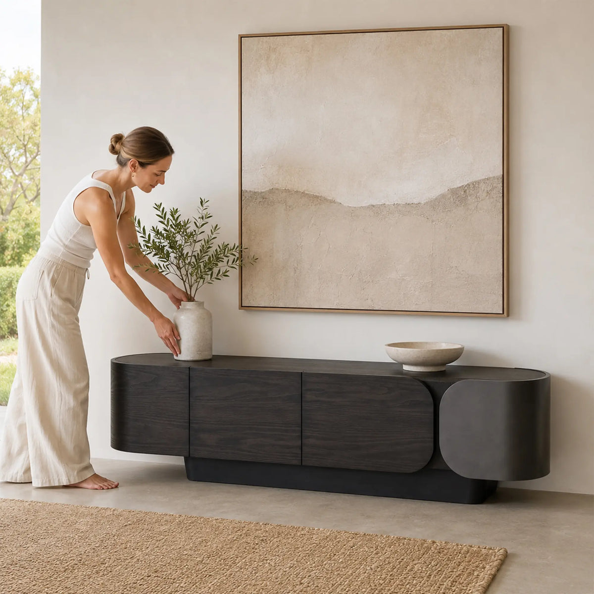 LUXORA Modern Asymmetrical TV Cabinet - 200/220cm Low-Profile Entertainment Unit with Curved Design & Concealed Storage - Dark Walnut