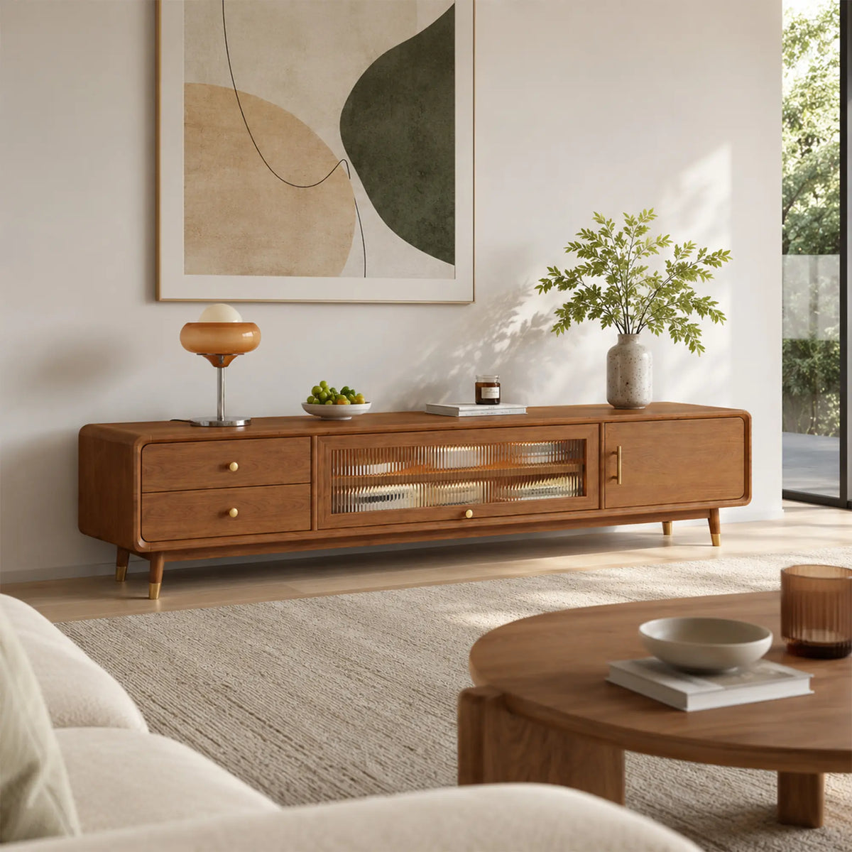 LUXORA Solid Rubberwood TV Cabinet - 160/180cm Entertainment Unit with Glass Door, Drawers & Multi-Compartment Storage - Cherry Wood