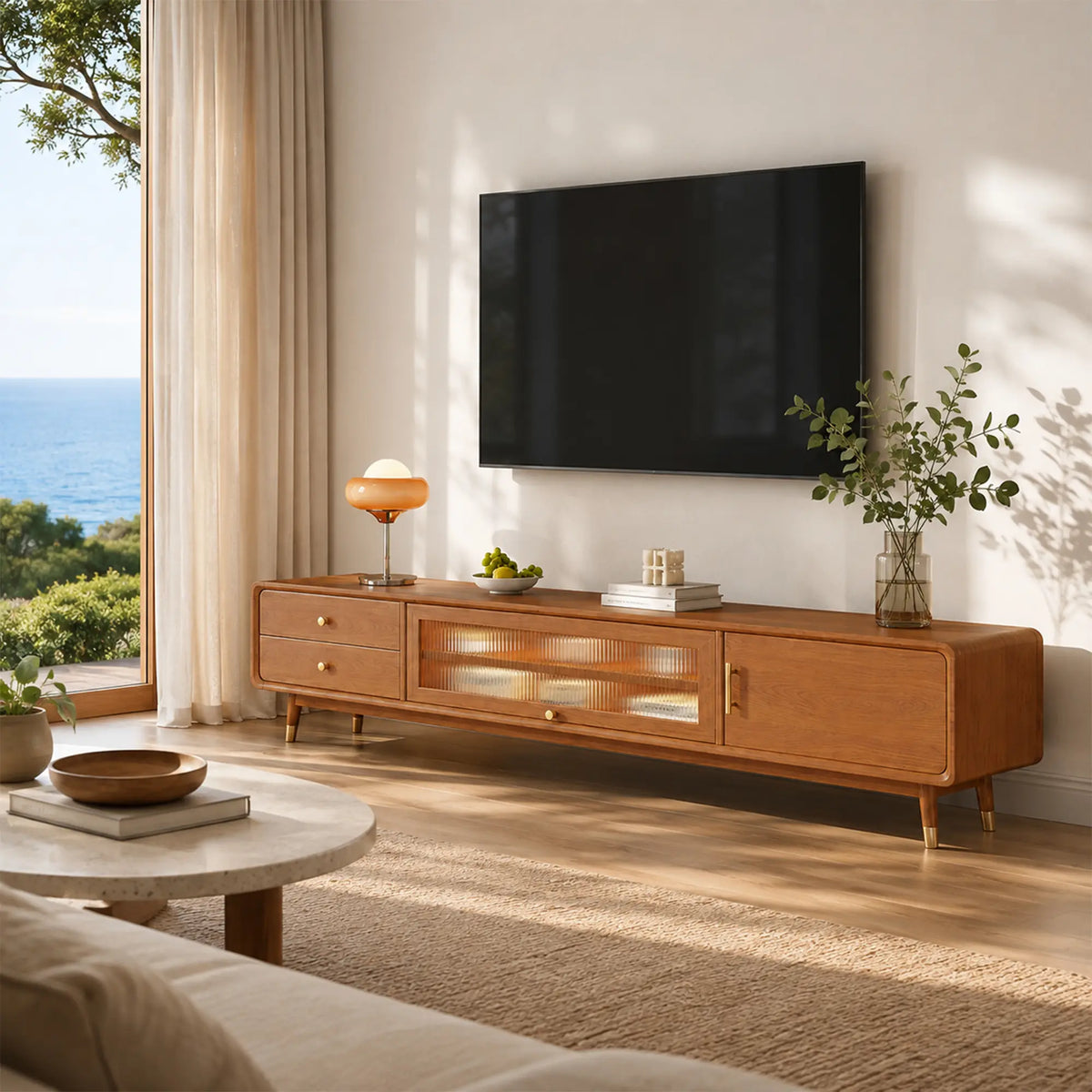 LUXORA Solid Rubberwood TV Cabinet - 160/180cm Entertainment Unit with Glass Door, Drawers & Multi-Compartment Storage - Cherry Wood
