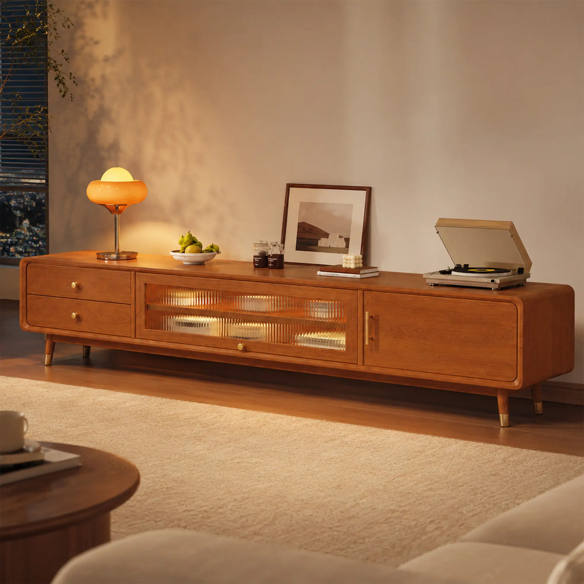 LUXORA Solid Rubberwood TV Cabinet - 160/180cm Entertainment Unit with Glass Door, Drawers & Multi-Compartment Storage - Cherry Wood