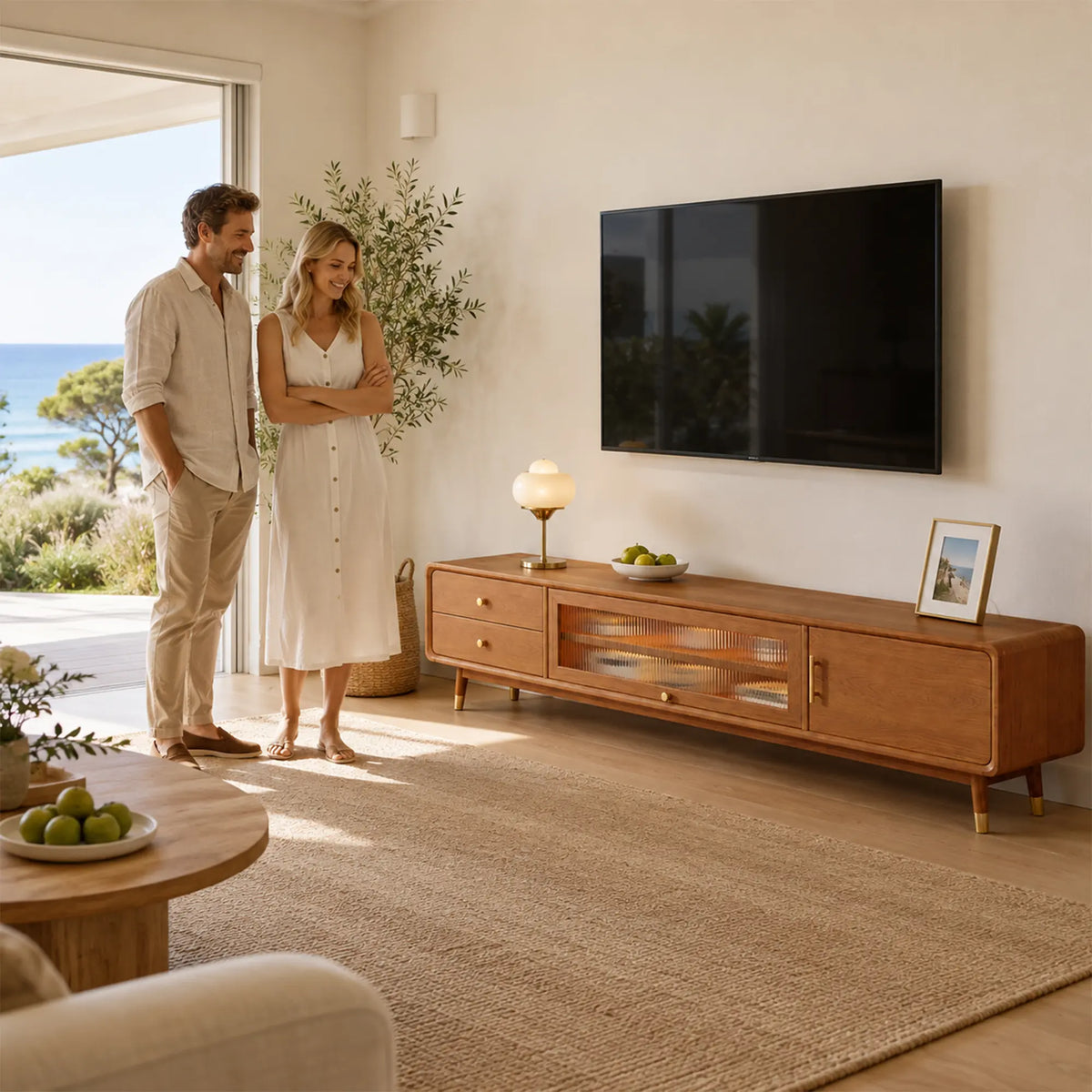LUXORA Solid Rubberwood TV Cabinet - 160/180cm Entertainment Unit with Glass Door, Drawers & Multi-Compartment Storage - Cherry Wood