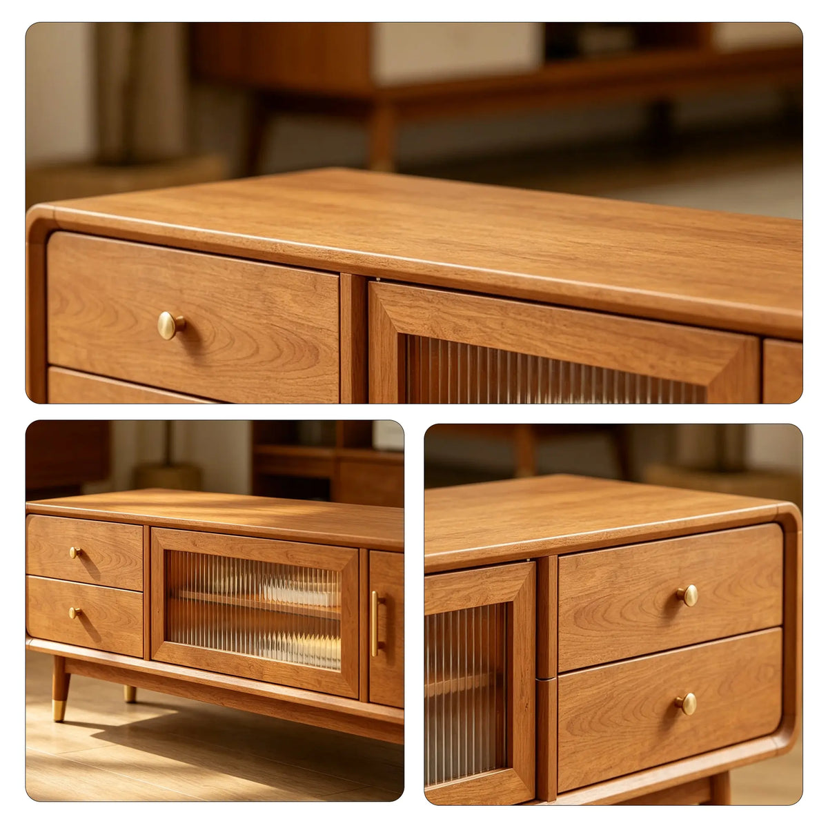 LUXORA Solid Rubberwood TV Cabinet - 160/180cm Entertainment Unit with Glass Door, Drawers & Multi-Compartment Storage - Cherry Wood