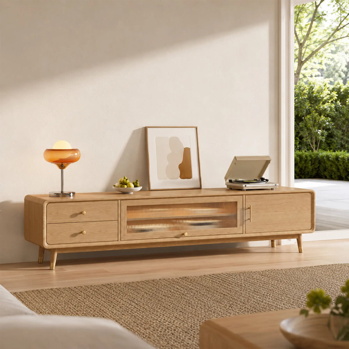 LUXORA Solid Rubberwood TV Cabinet - 160/180cm Entertainment Unit with Glass Door, Drawers & Multi-Compartment Storage - Wood