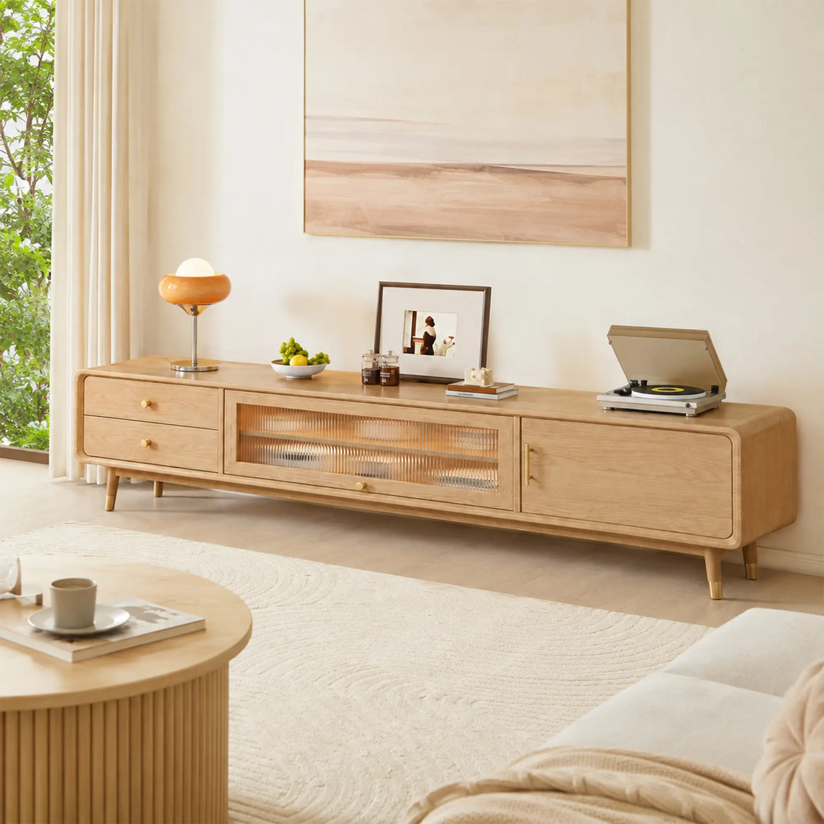 LUXORA Solid Rubberwood TV Cabinet - 160/180cm Entertainment Unit with Glass Door, Drawers & Multi-Compartment Storage - Wood