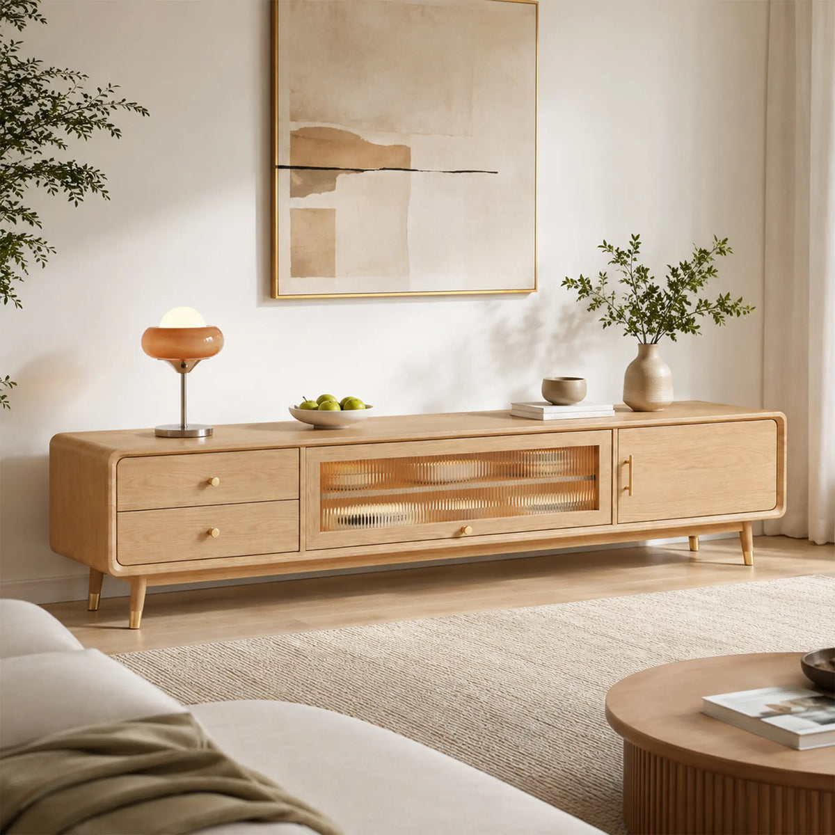 LUXORA Solid Rubberwood TV Cabinet - 160/180cm Entertainment Unit with Glass Door, Drawers & Multi-Compartment Storage - Wood