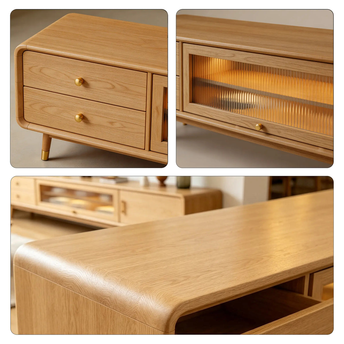 LUXORA Solid Rubberwood TV Cabinet - 160/180cm Entertainment Unit with Glass Door, Drawers & Multi-Compartment Storage - Wood