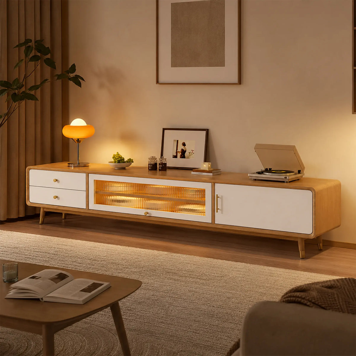 LUXORA Solid Rubberwood TV Cabinet - 160/180cm Entertainment Unit with Glass Door, Drawers & Multi-Compartment Storage - White & Wood