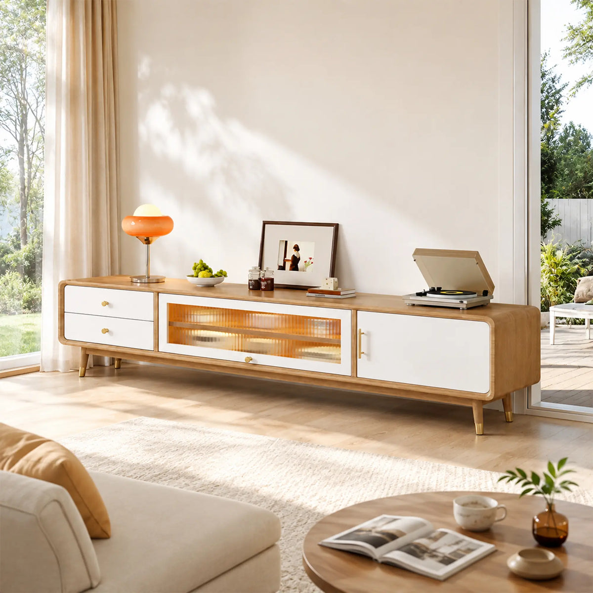 LUXORA Solid Rubberwood TV Cabinet - 160/180cm Entertainment Unit with Glass Door, Drawers & Multi-Compartment Storage - White & Wood