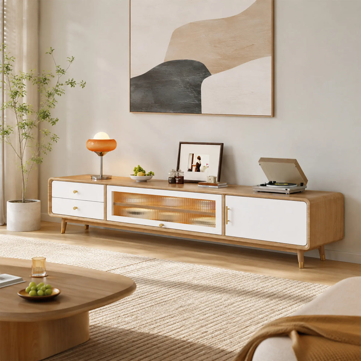 LUXORA Solid Rubberwood TV Cabinet - 160/180cm Entertainment Unit with Glass Door, Drawers & Multi-Compartment Storage - White & Wood