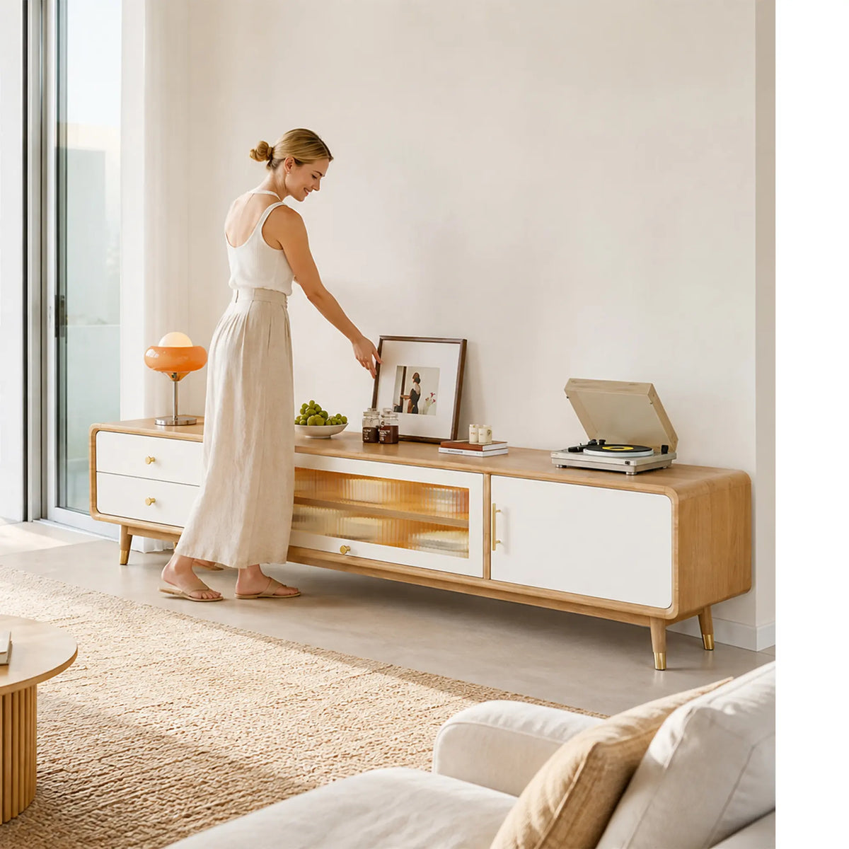 LUXORA Solid Rubberwood TV Cabinet - 160/180cm Entertainment Unit with Glass Door, Drawers & Multi-Compartment Storage - White & Wood