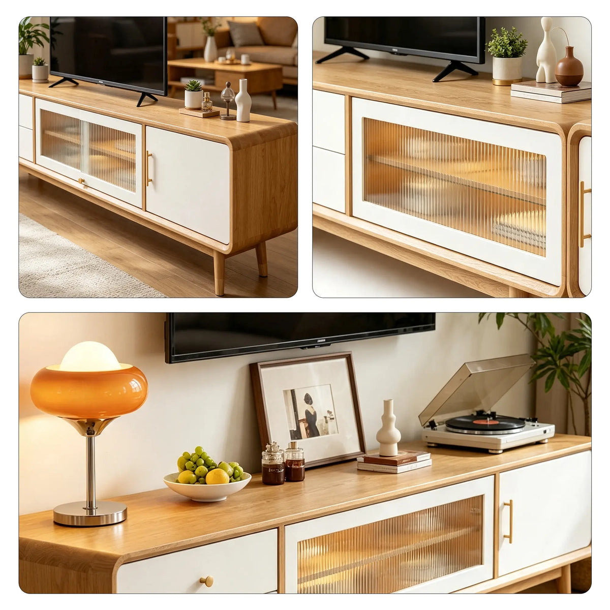 LUXORA Solid Rubberwood TV Cabinet - 160/180cm Entertainment Unit with Glass Door, Drawers & Multi-Compartment Storage - White & Wood