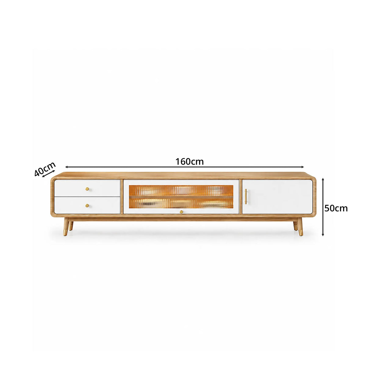 LUXORA Solid Rubberwood TV Cabinet - 160/180cm Entertainment Unit with Glass Door, Drawers & Multi-Compartment Storage - White & Wood