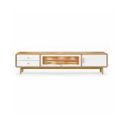 LUXORA Solid Rubberwood TV Cabinet - 160/180cm Entertainment Unit with Glass Door, Drawers & Multi-Compartment Storage - White & Wood