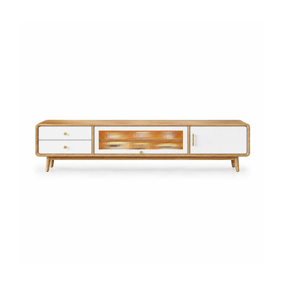 LUXORA Solid Rubberwood TV Cabinet - 160/180cm Entertainment Unit with Glass Door, Drawers & Multi-Compartment Storage - White & Wood