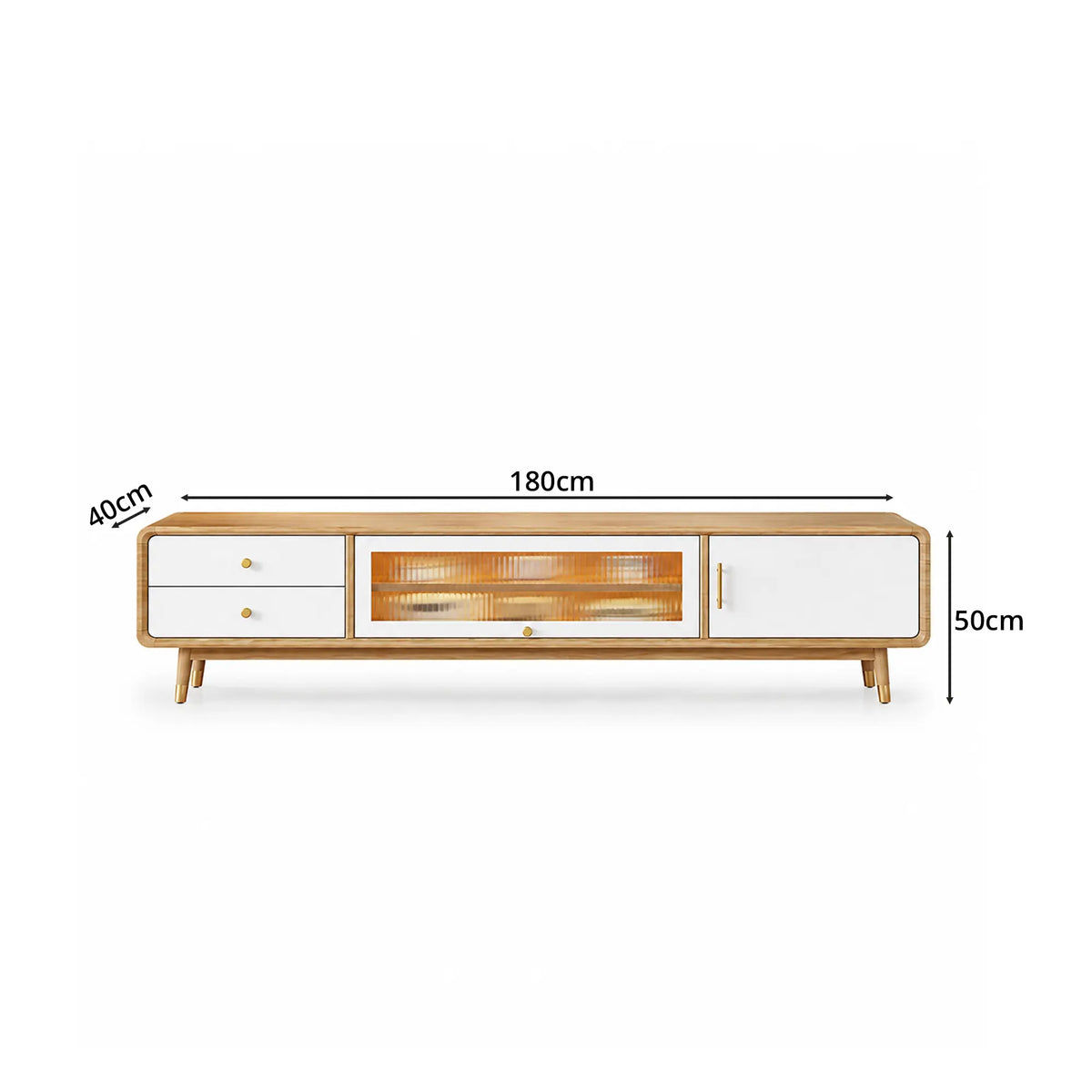 LUXORA Solid Rubberwood TV Cabinet - 160/180cm Entertainment Unit with Glass Door, Drawers & Multi-Compartment Storage - White & Wood