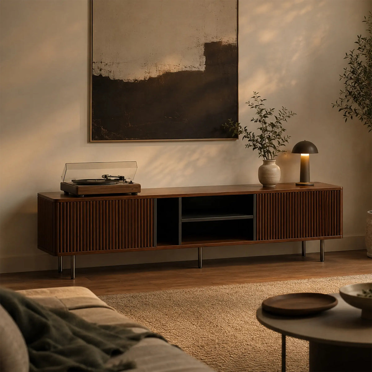 LUXORA Bauhaus TV Cabinet - 160/180cm Retro Entertainment Unit with Fluted Doors, Open Shelves & Metal Legs - Walnut