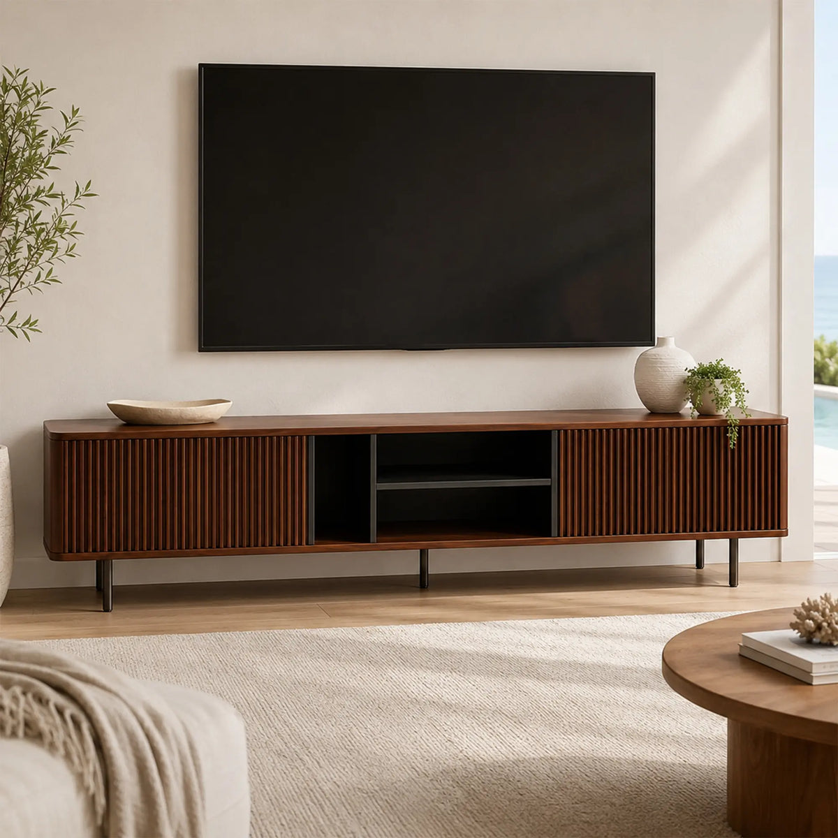 LUXORA Bauhaus TV Cabinet - 160/180cm Retro Entertainment Unit with Fluted Doors, Open Shelves & Metal Legs - Walnut
