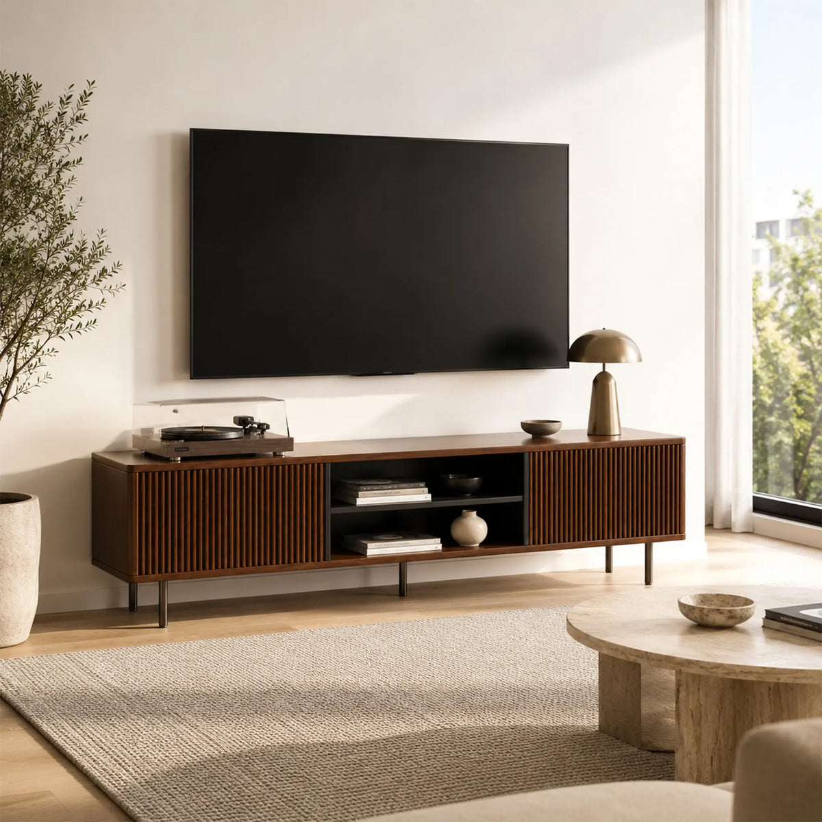 LUXORA Bauhaus TV Cabinet - 160/180cm Retro Entertainment Unit with Fluted Doors, Open Shelves & Metal Legs - Walnut
